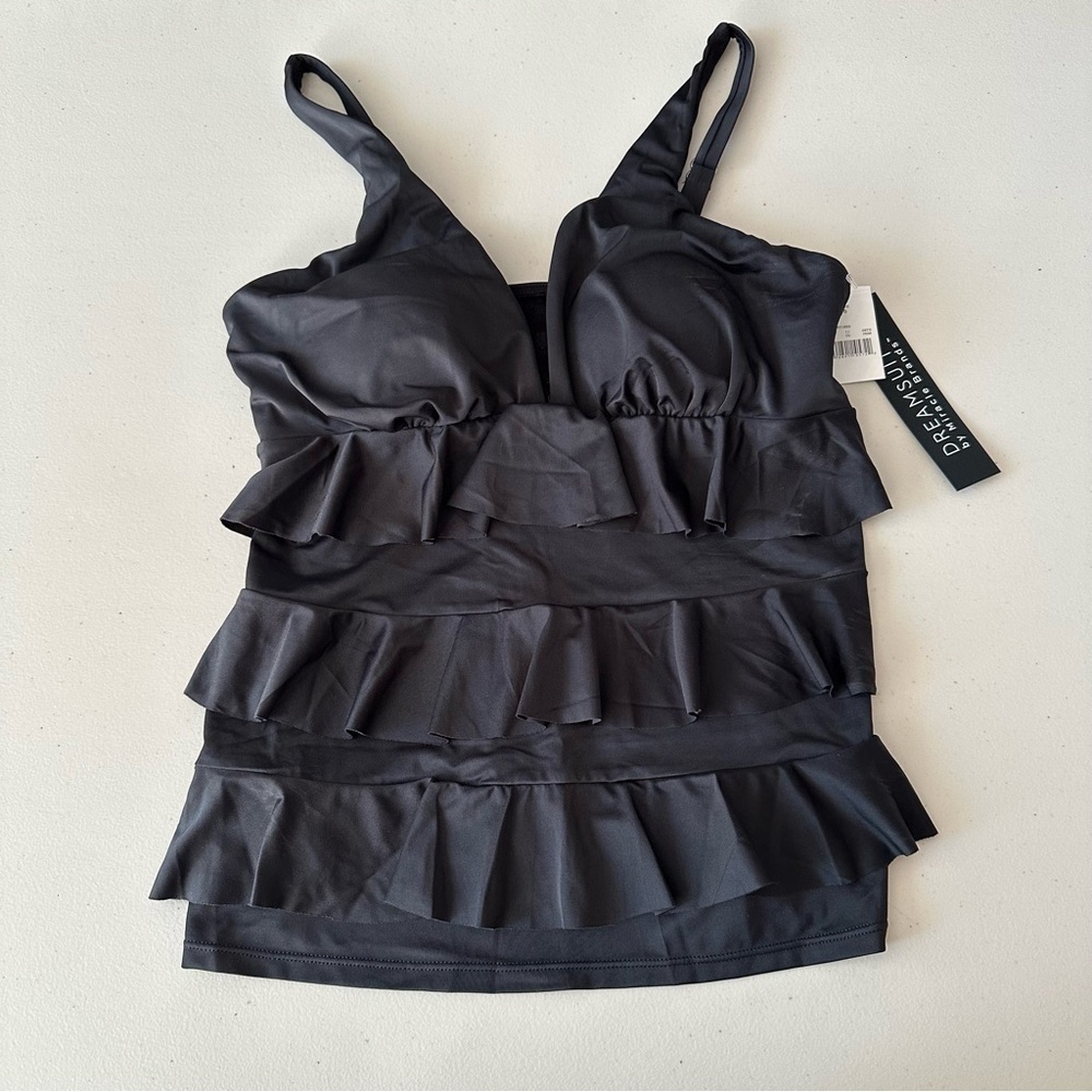 NWT Dreamsuit By Miracle Brands Ruffle Tiered Tankini Swim Top Black Size 8
